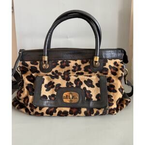 Vintage 90s Nordstrom Leopard Calf Hair & Leather Satchel Bag – Turn Lock Black